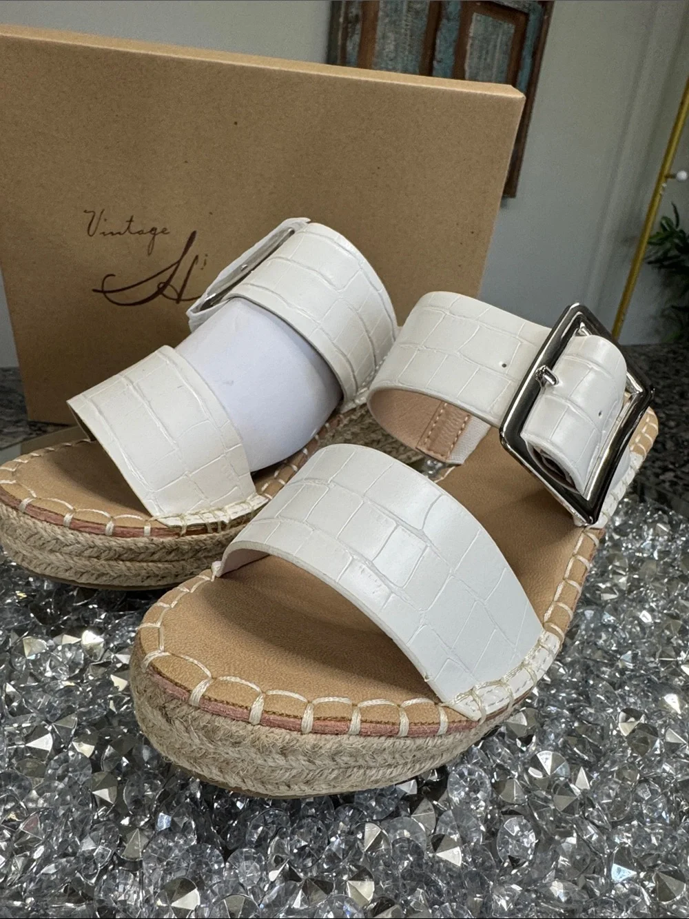 Vintage Havana Robin White Croc-Texture Espadrille Wedge Sandals Buckle NEW 7